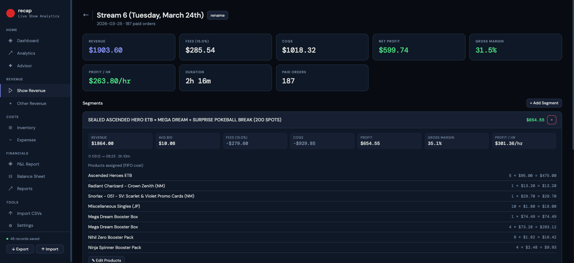 Show detail — revenue, fees, COGS, and net profit per segment